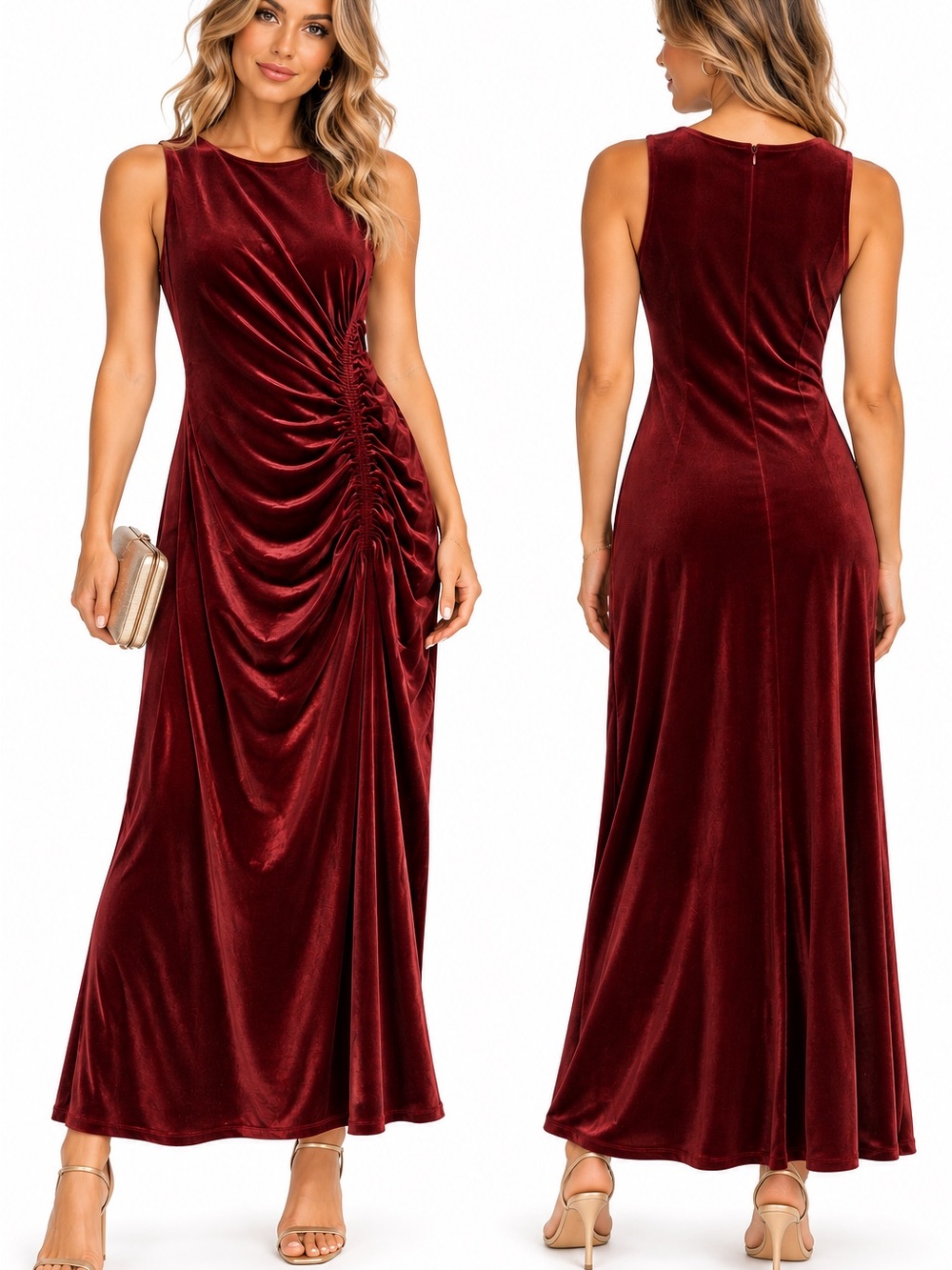 Taylor Burgundy Velvet Ruched Maxi Dress